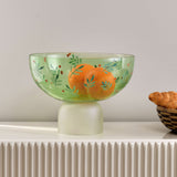 Hand-Painted Leaf Design Glass Urli Bowl With Base (Green)