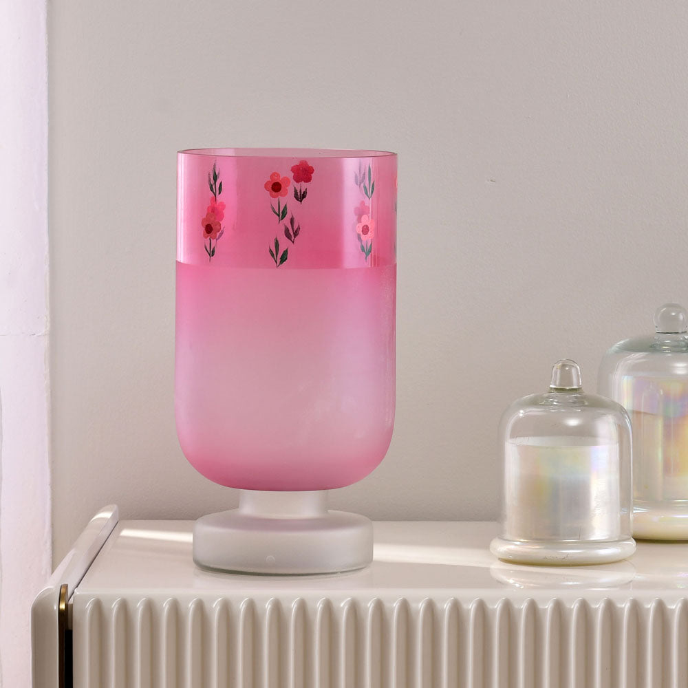 Hand-Painted Floral Frost Glass Candle Holder (Pink)