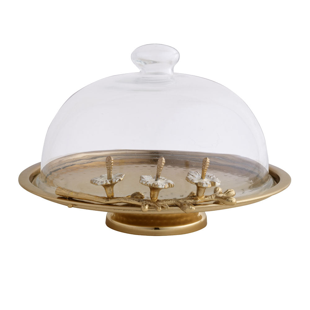 Floral Twigs Cake Serving Stand with Glass Lid (Transparent & Gold)