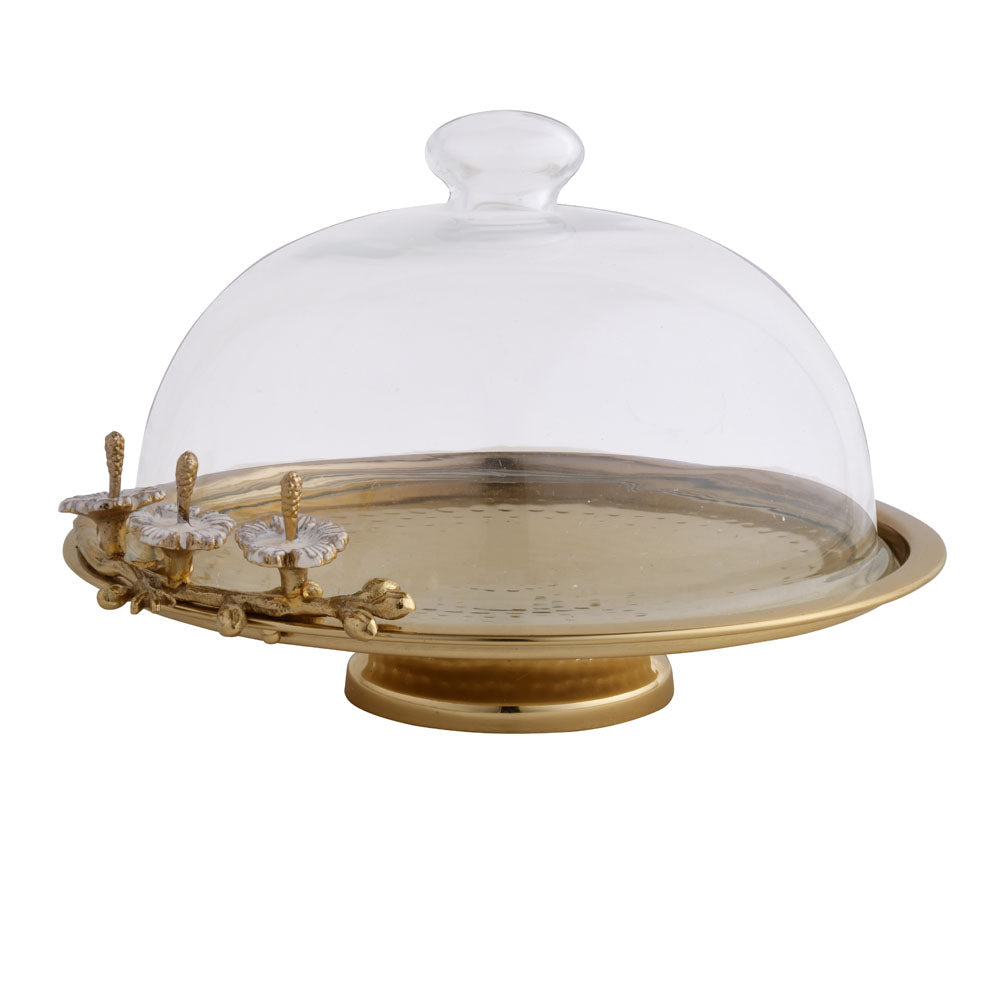 Floral Twigs Cake Serving Stand with Glass Lid (Transparent & Gold)