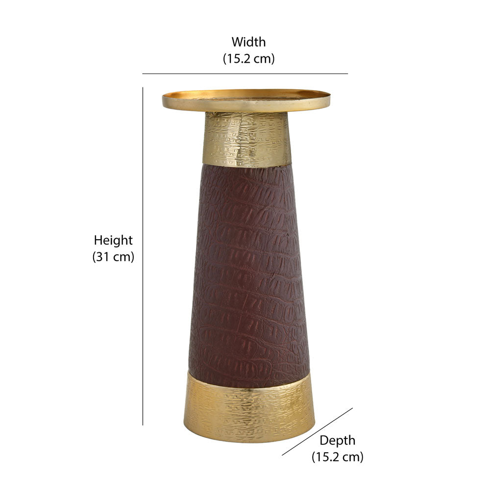 Decorative Faux Leather & Metal Candle Holder (Large, Brown & Gold)