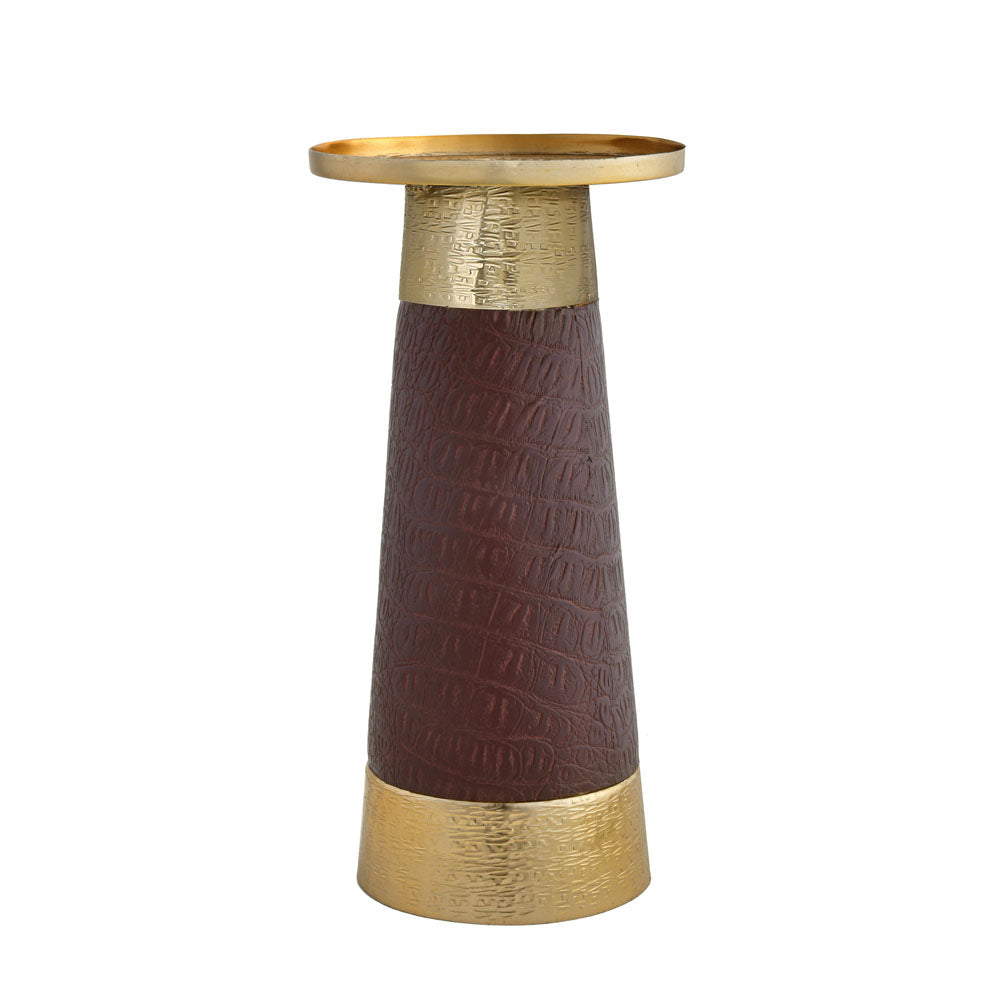 Decorative Faux Leather & Metal Candle Holder (Large, Brown & Gold)