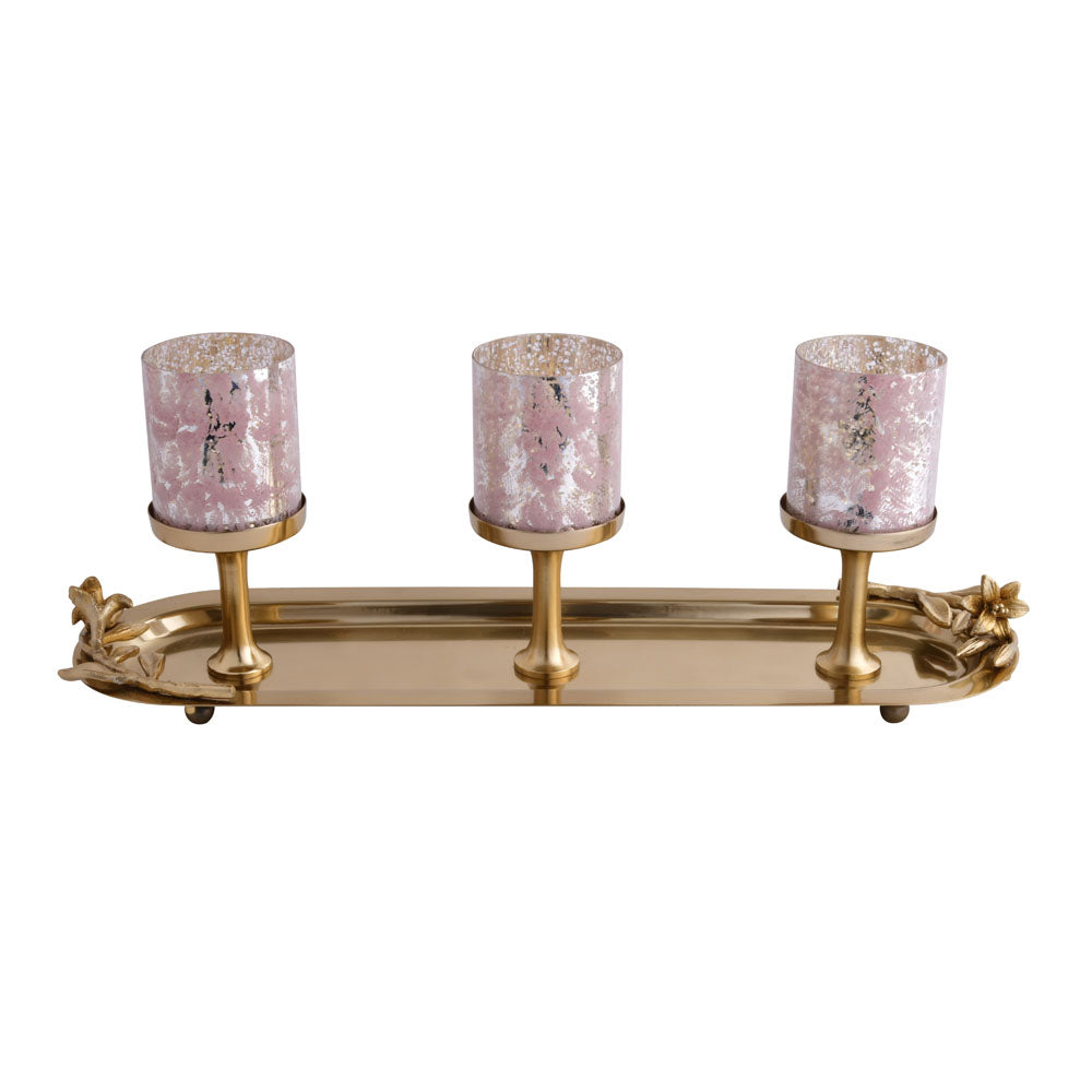 Decorative 3 Votives Metal & Glass Candle Stand (Pink & Gold)