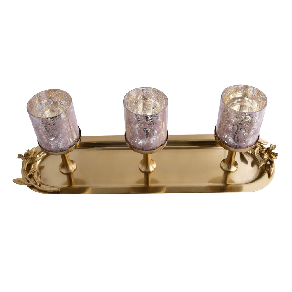 Decorative 3 Votives Metal & Glass Candle Stand (Pink & Gold)