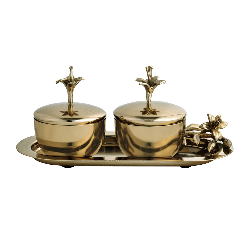 Lily Twigs Twin Bowl Condiment Set with Tray (Gold)