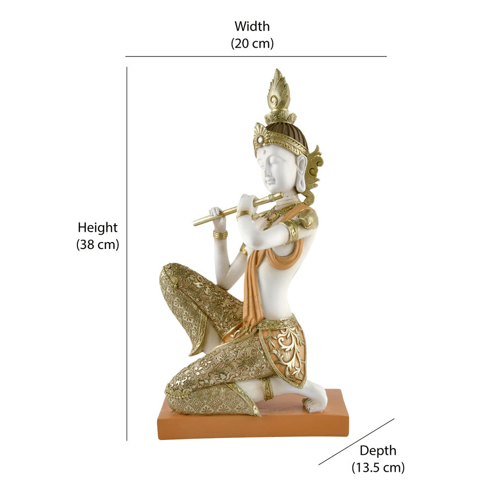 Buddha Sitting With Flute Decorative Polyresin Showpiece (Cream)