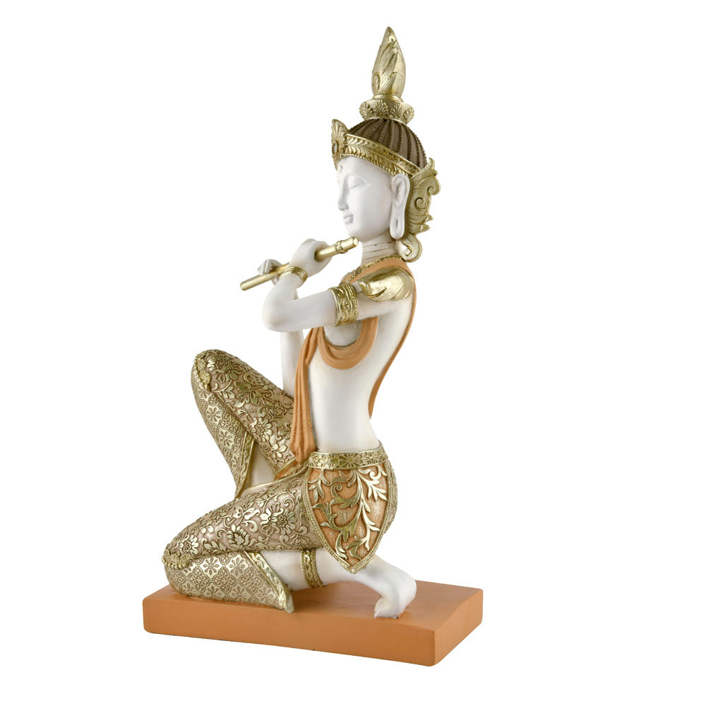 Buddha Sitting With Flute Decorative Polyresin Showpiece (Cream)