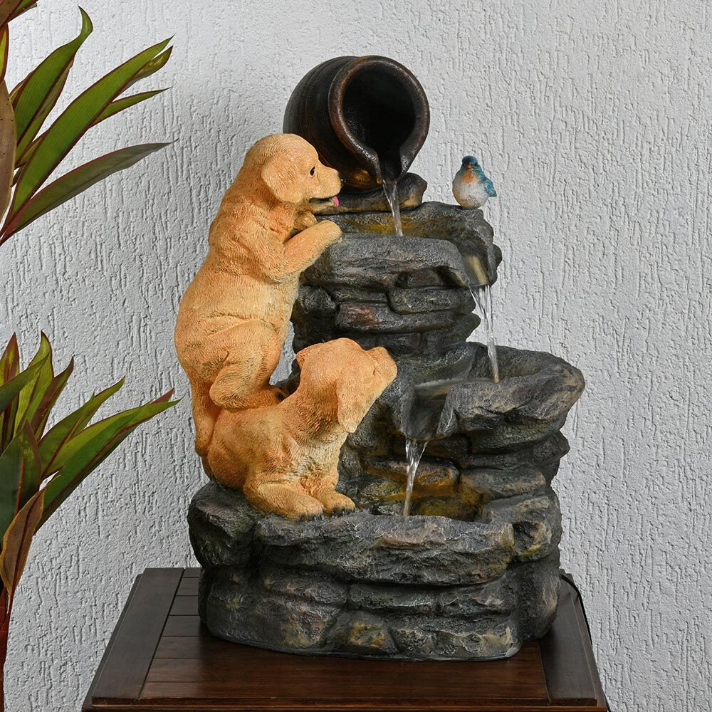 Two Dogs with Pot Polyresin Water Fountain (Grey)