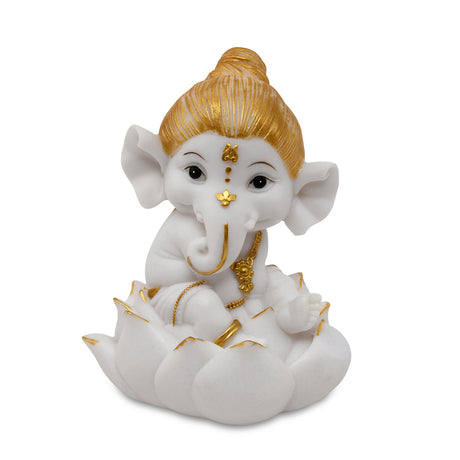 Ganesha On Lotus Polyresin Showpiece (White & Gold)