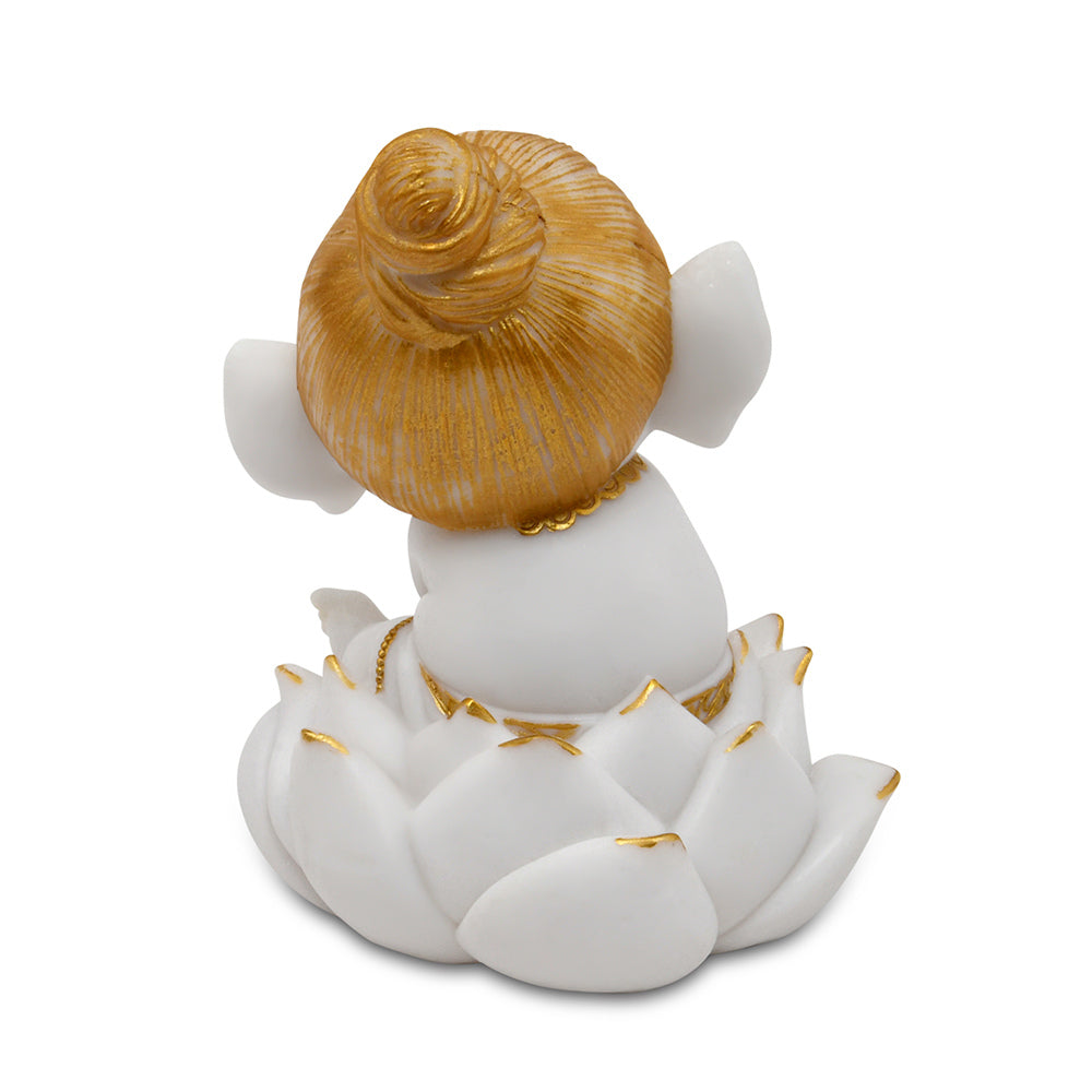 Ganesha On Lotus Polyresin Showpiece (White & Gold)