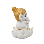 Ganesha On Lotus Polyresin Showpiece (White & Gold)