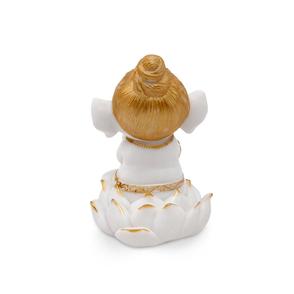 Ganesha On Lotus Decorative Polyresin Showpiece (White & Gold)