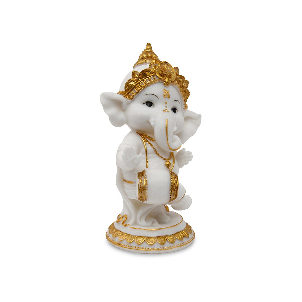 Ganesha Playing Dholak Polyresin Showpiece (White & Gold)