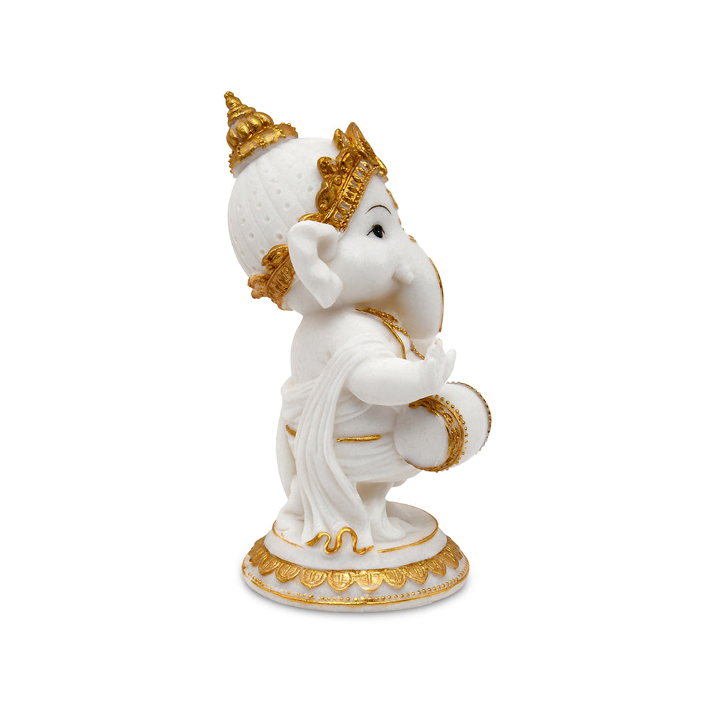 Ganesha Playing Dholak Polyresin Showpiece (White & Gold)