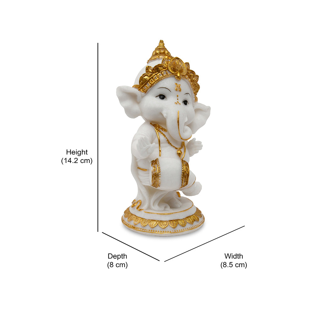 Ganesha Playing Dholak Polyresin Showpiece (White & Gold)