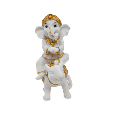 Ganesha On Mouse Polyresin Showpiece (White & Gold)