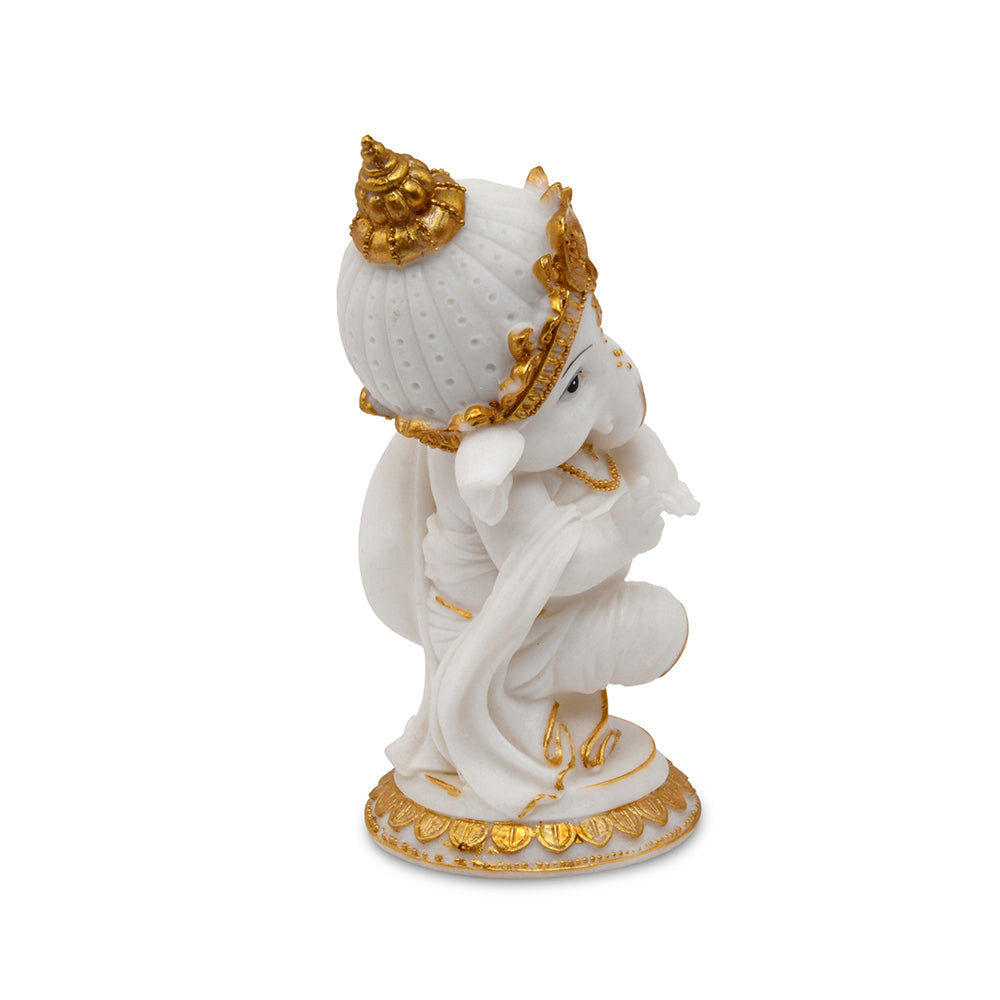 Blessing Ganesha  Decorative Polyresin Showpiece (White & Gold)