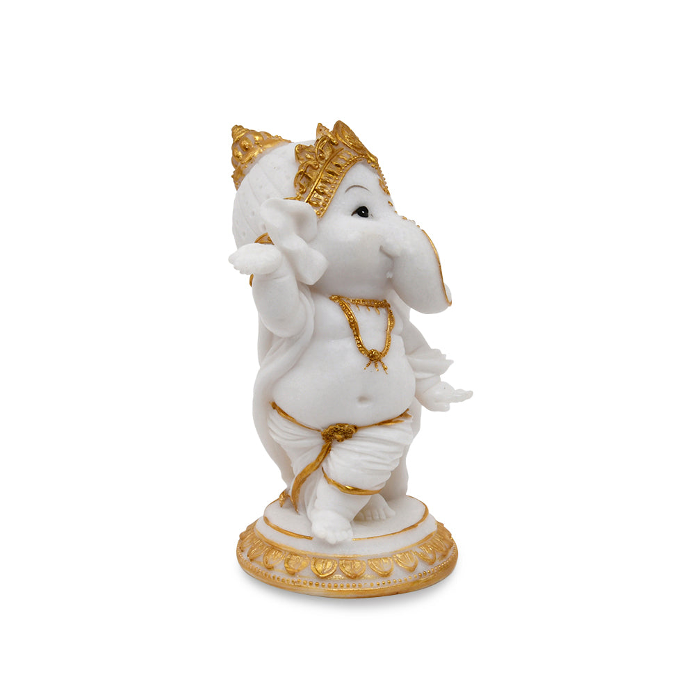 Ganesha Dancing Decorative Polyresin Showpiece (White & Gold)