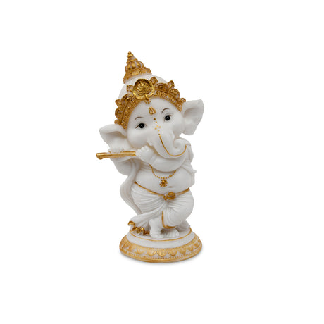 Ganesha Playing Flute Polyresin Showpiece (White & Gold)