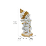 Ganesha Playing Flute Polyresin Showpiece (White & Gold)