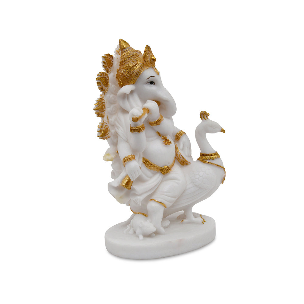 Ganesha On Peocock Polyresin Showpiece (White & Gold)