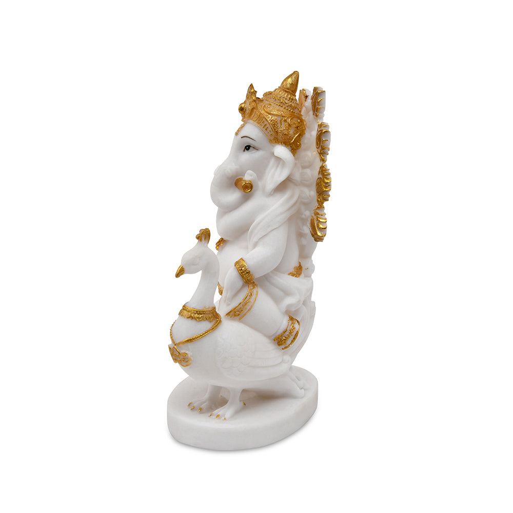 Ganesha On Peocock Polyresin Showpiece (White & Gold)