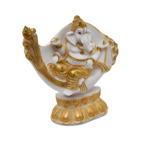 Ganesha On Shankh Polyresin Showpiece (White & Gold)