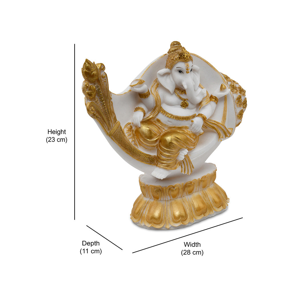 Ganesha On Shankh Polyresin Showpiece (White & Gold)