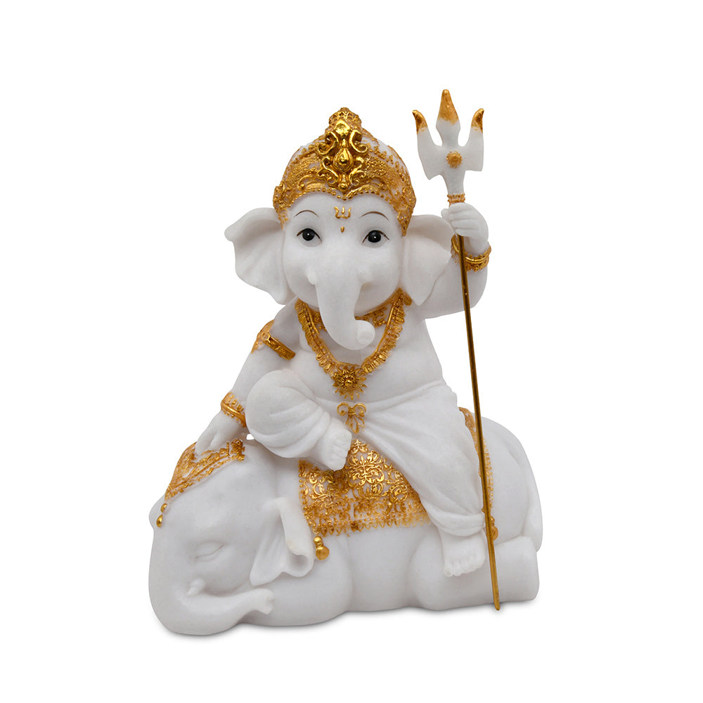 Ganesha On Elephant Polyresin Showpiece (White & Gold)