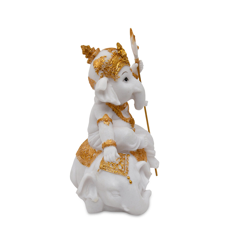 Ganesha On Elephant Polyresin Showpiece (White & Gold)