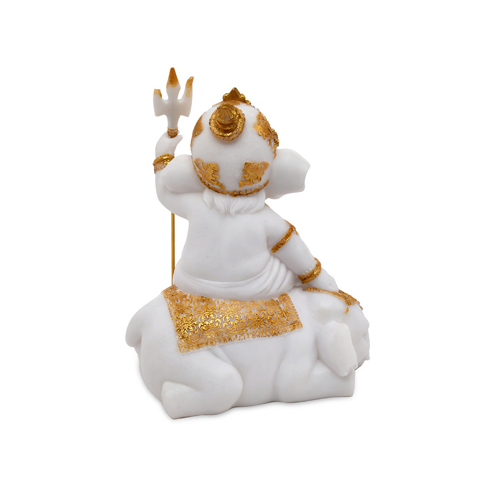 Ganesha On Elephant Polyresin Showpiece (White & Gold)