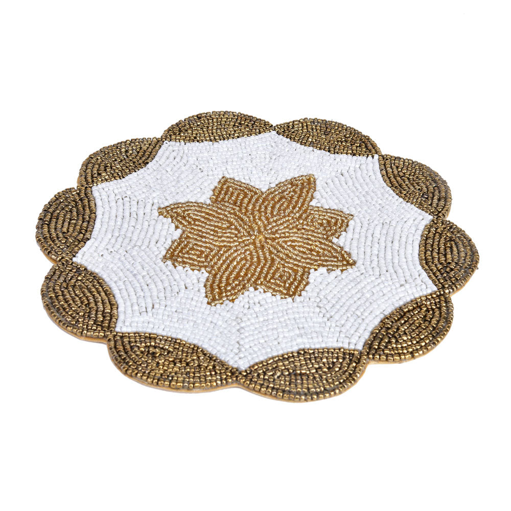 Decorative Floral Beaded Trivet (Gold & Off White)