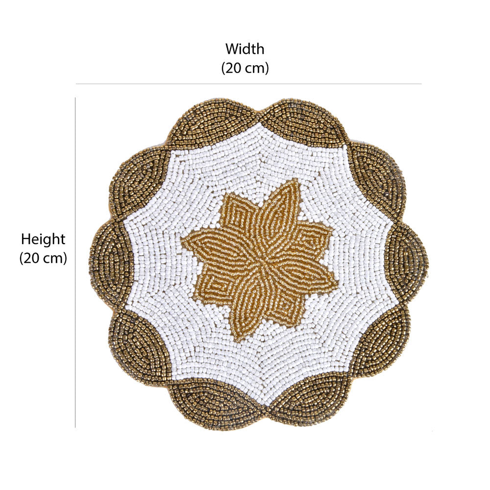 Decorative Floral Beaded Trivet (Gold & Off White)