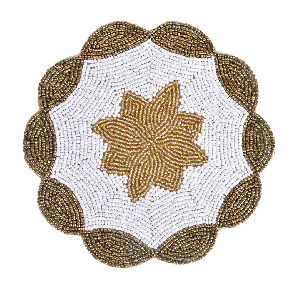 Decorative Floral Beaded Trivet (Gold & Off White)