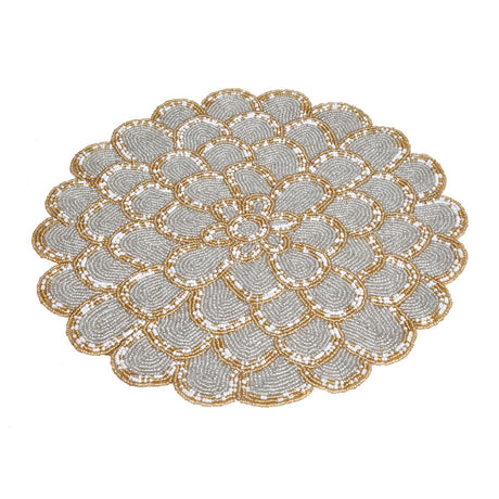 Floral Beaded Round Table Placemat (Grey & Gold)