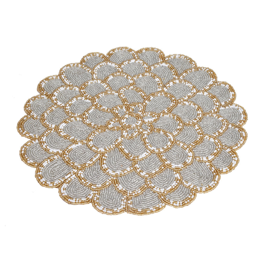 Floral Beaded Round Table Placemat (Grey & Gold)