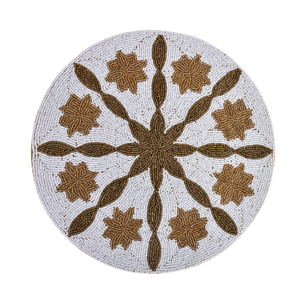 Floral Beaded Round Table Placemat (Gold & Off White)