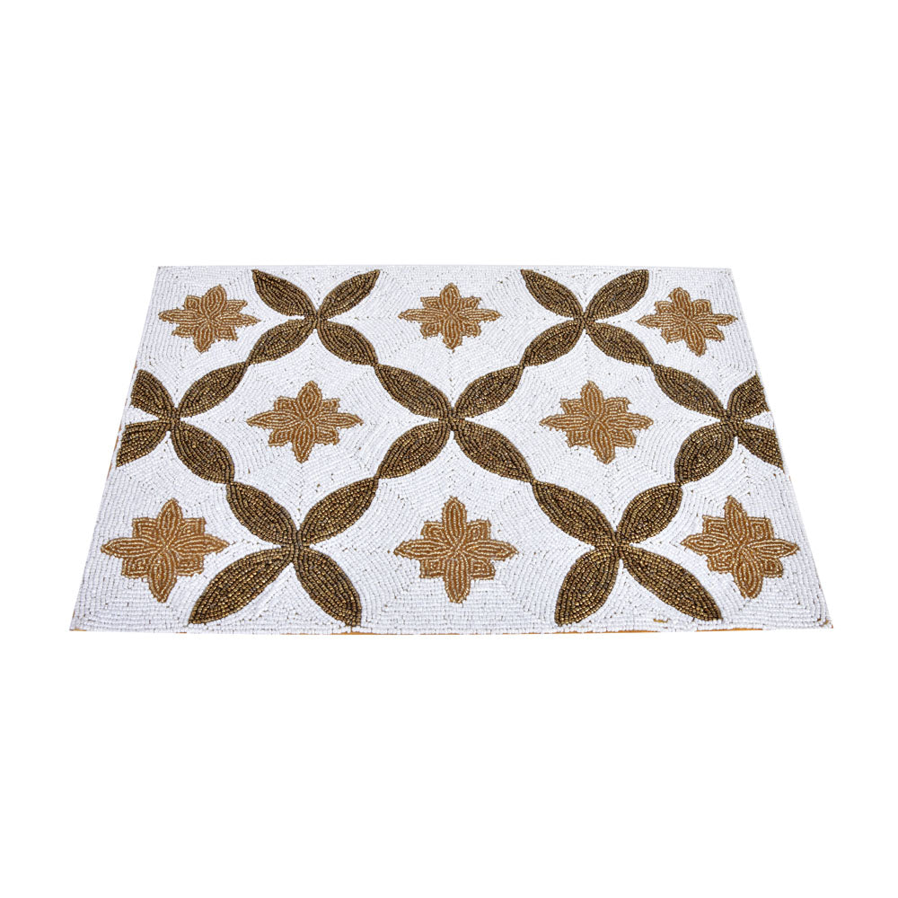 Floral Beaded Rectangular Table Placemat (Gold & Off White)