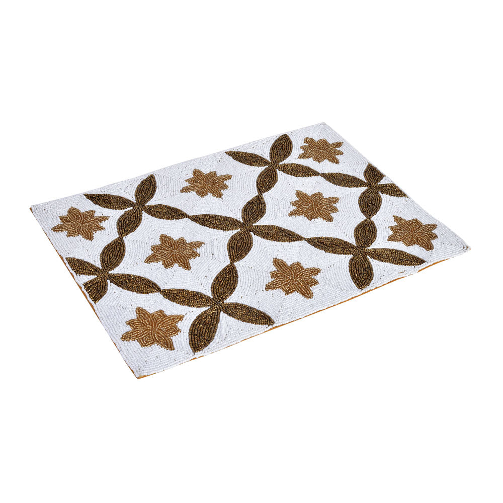 Floral Beaded Rectangular Table Placemat (Gold & Off White)