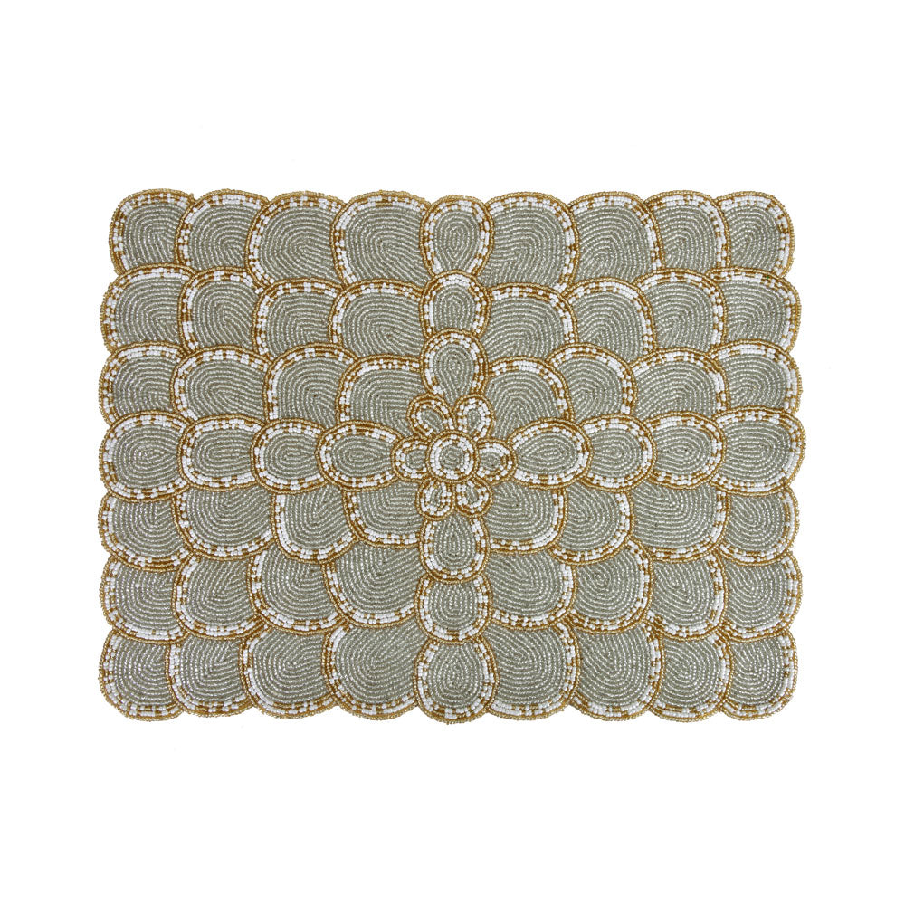 Floral Beaded Rectangular Table Placemat (Grey & Gold)