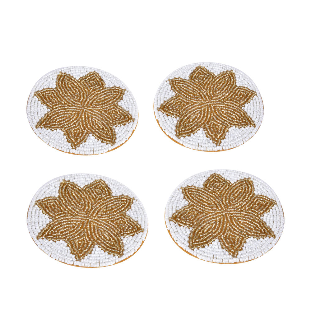 Floral Beaded Coasters Set of 4 (Gold & Off White)