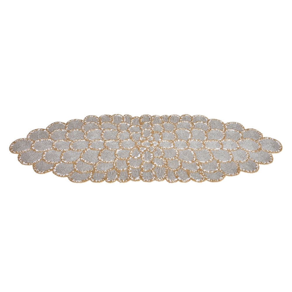 Decorative Floral Beaded Table Runner (90 x 33 cm, Grey & Gold)