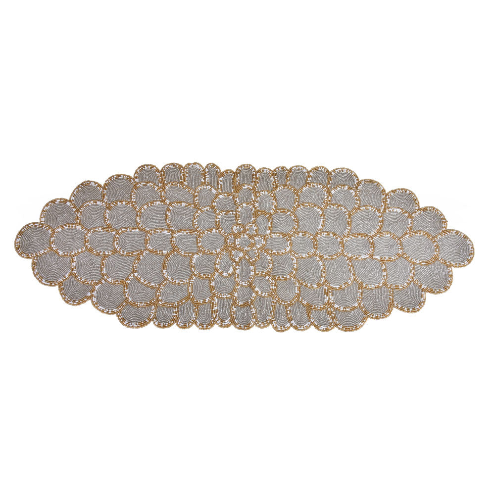 Decorative Floral Beaded Table Runner (90 x 33 cm, Grey & Gold)