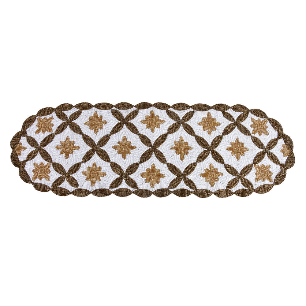 Decorative Floral Beaded Table Runner (90 x 33 cm, Gold & Off White)