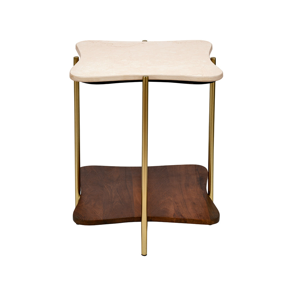 Ellon Ceramic Top With Wooden Shelf Side Table (Gold)