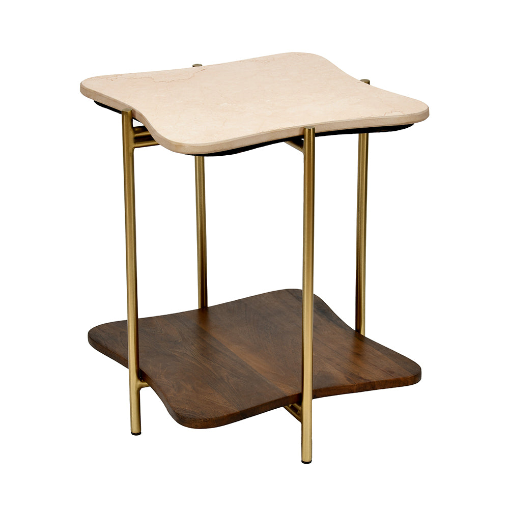 Ellon Ceramic Top With Wooden Shelf Side Table (Gold)