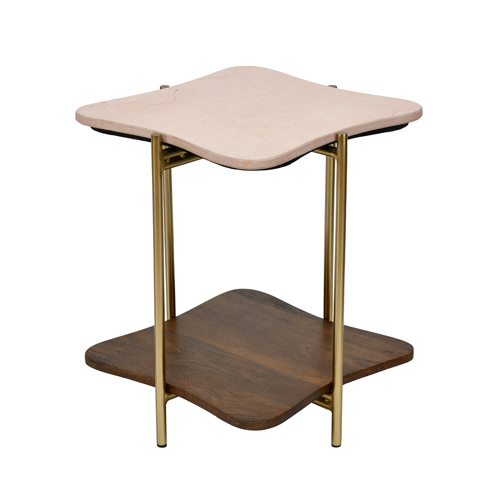 Ellon Ceramic Top With Wooden Shelf Side Table (Gold)