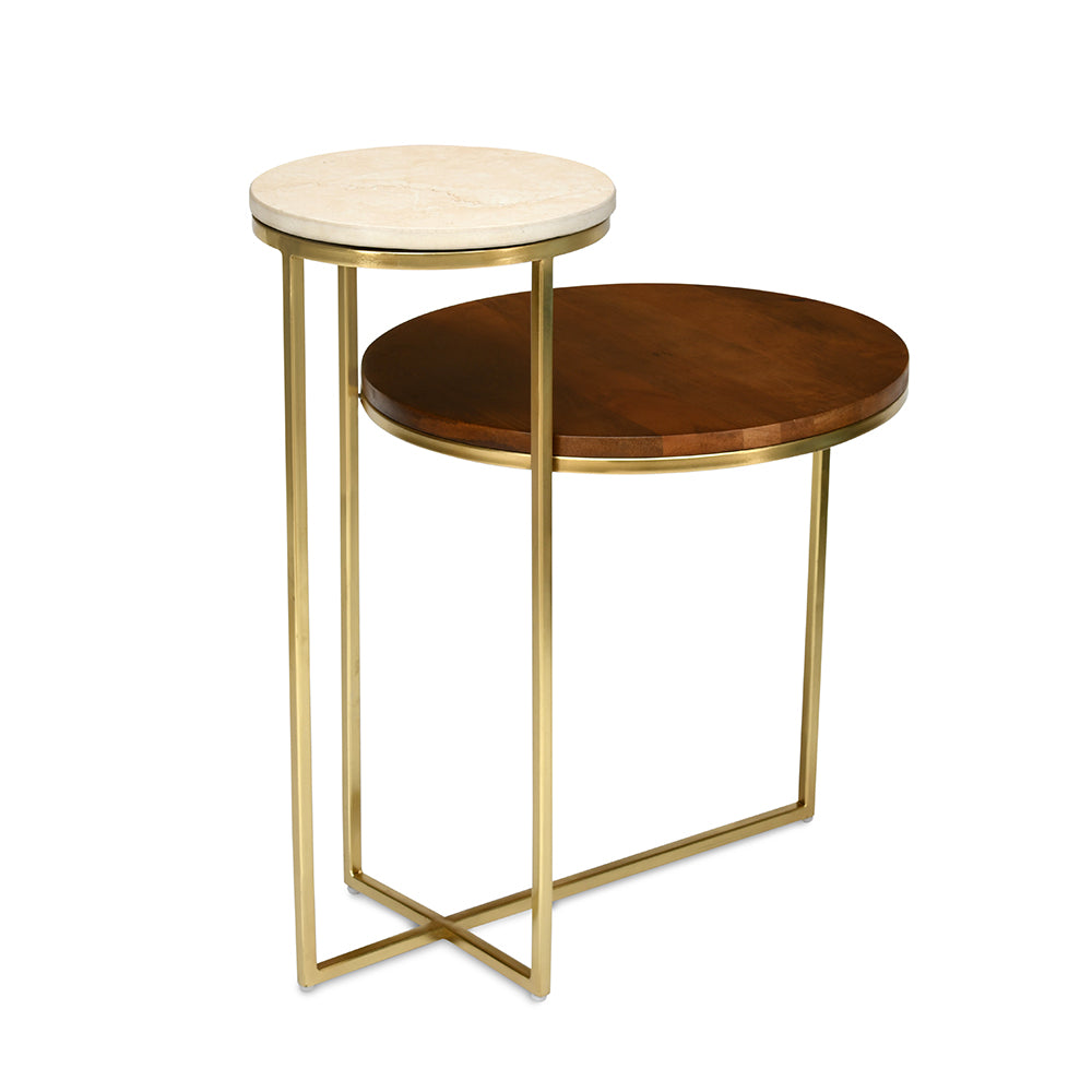 Mobo 2 Tier Ceramic and Mango Wood Top Side Table (Gold)