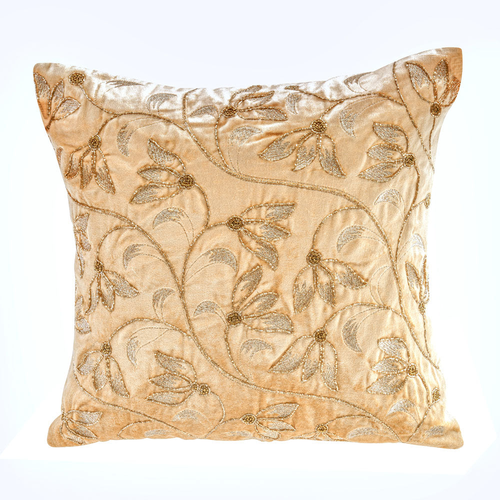 Floral Embroidered 16" x 16" Cushion Cover (Gold)