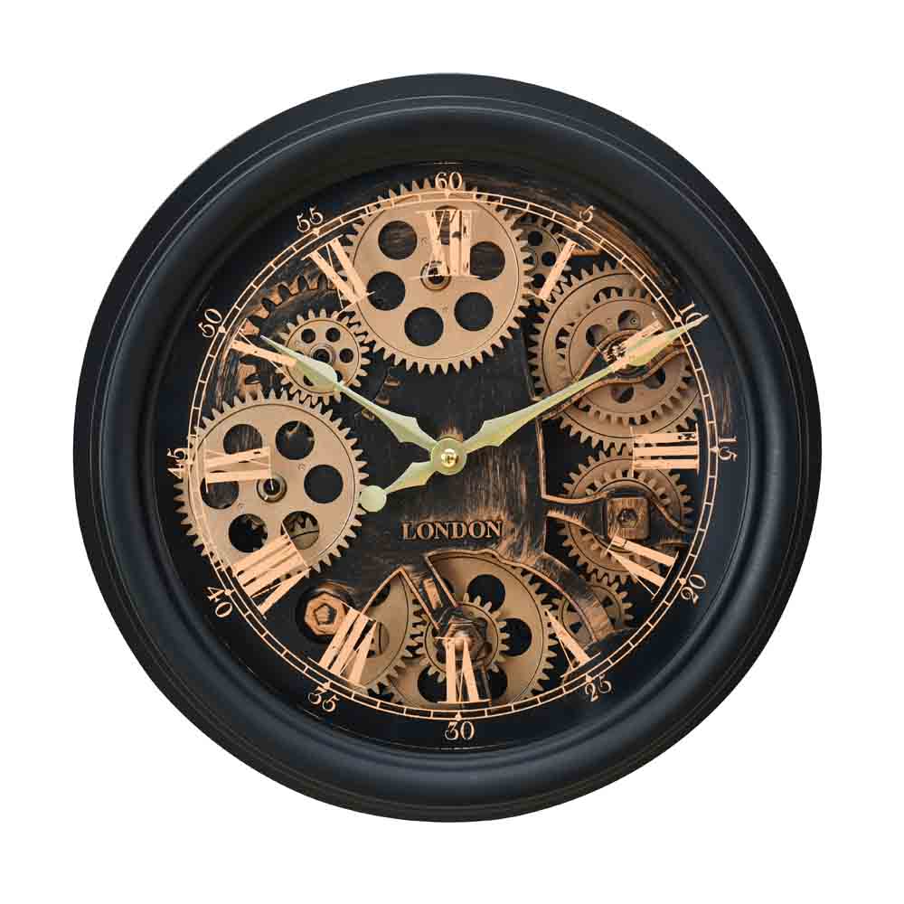 Vintage Moving Gear Analog Wall Clock (Black & Gold)